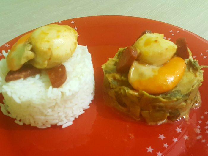 Scallops and sausage with leek and rice side by side