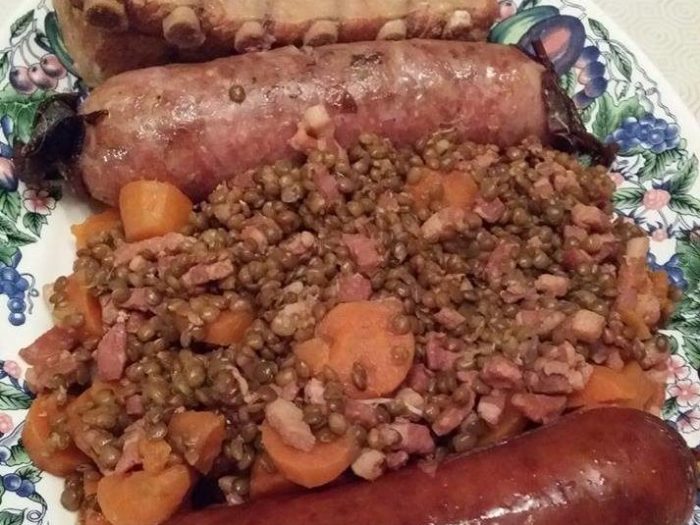 Lentils and Louis's sausages