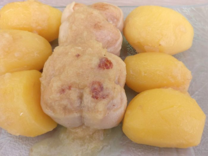 Pork roll with pineapple sauce and potatoes